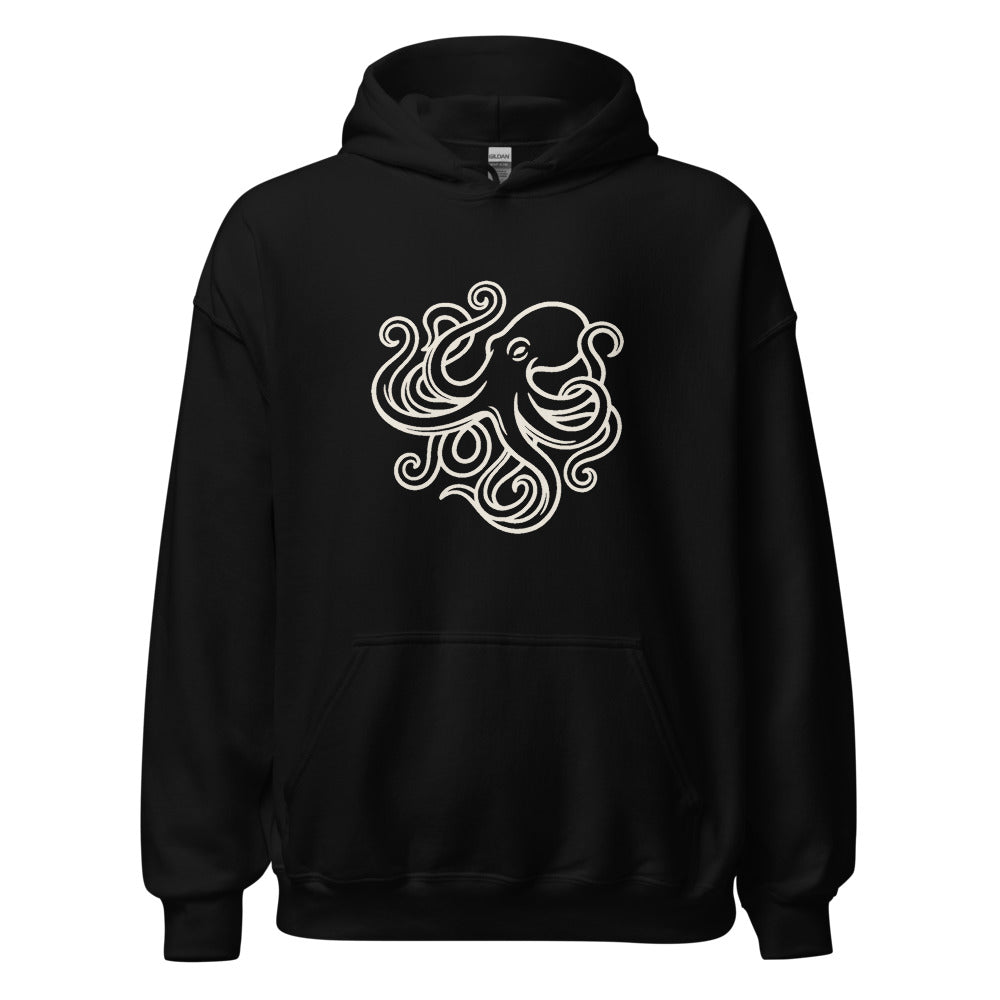 Octopus Art California Pullover Hoodie, Men's, front, black with cream print