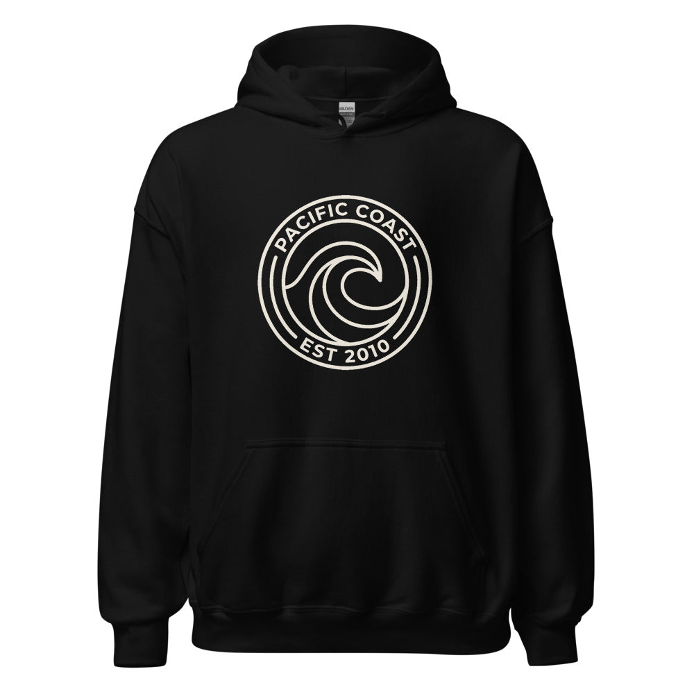 Pacific Coast Wave Badge Pullover Hoodie, Women's, front, black with cream print