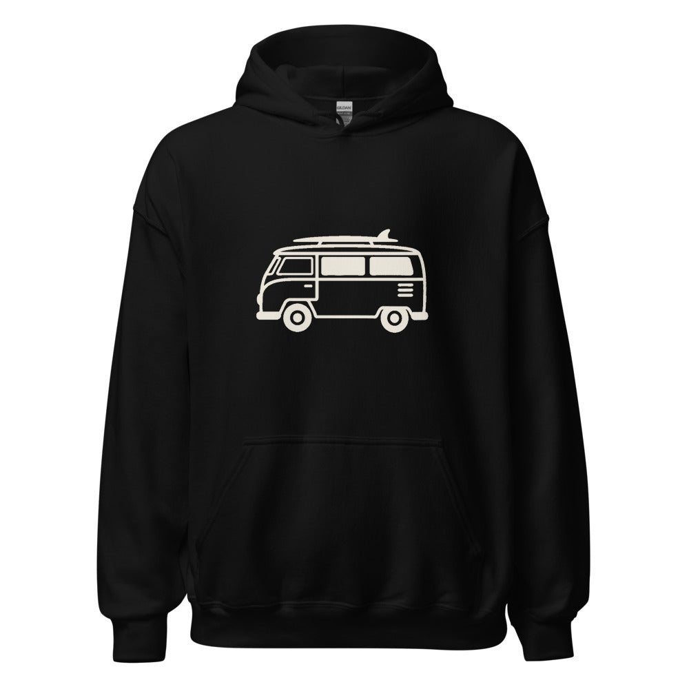 VW Bus Line Art Pullover Hoodie, Women's, front, black with cream print