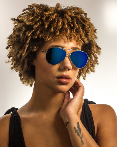 Pacific Beach Polarized Aviator Walnut Wood Sunglasses worn by a customer model