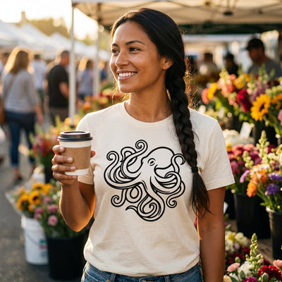Octopus Art California Tee — Women's on-figure. Cali Life Co. California apparel, designed in San Diego