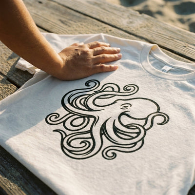 Close-up detail of the Octopus Art California Tee fabric and black line-art print, Bella+Canvas 3001 bone white cotton, Cali Life Co.