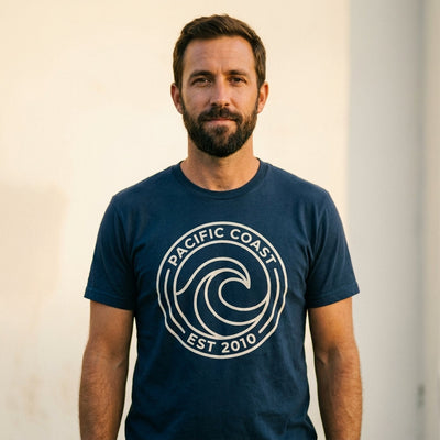 Pacific Coast Wave Badge Tee — Men's front view. Cali Life Co. California apparel, designed in San Diego