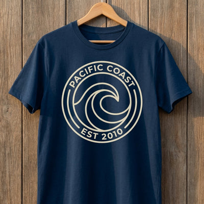 Pacific Coast Wave Badge Tee — Women's on-figure. Cali Life Co. California apparel, designed in San Diego