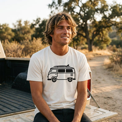 VW Bus Line Art Tee — Women's on-figure. Cali Life Co. California apparel, designed in San Diego