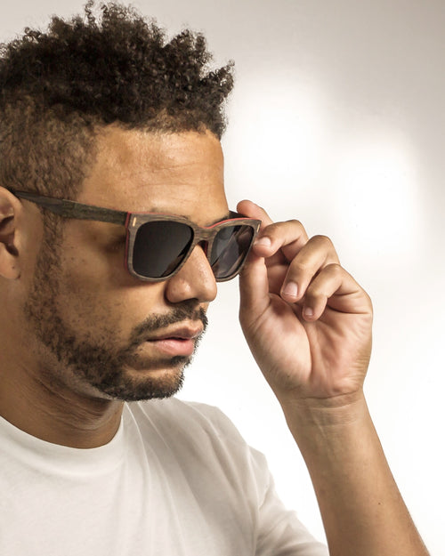 Calexico Polarized Square Walnut Wood Sunglasses worn by a customer model