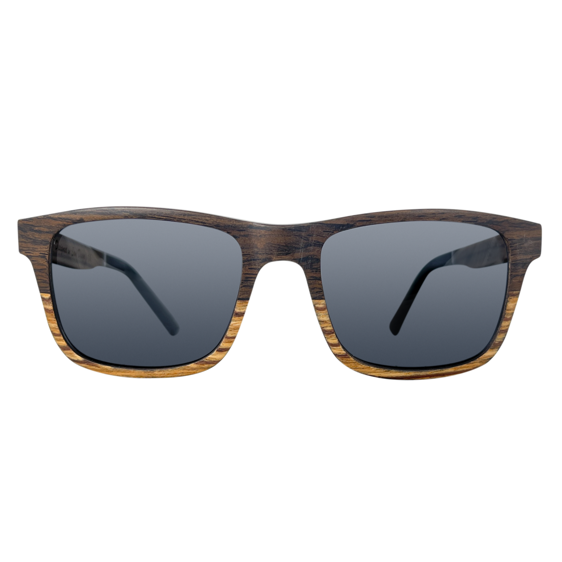 Joshua Tree polarized UV400 sunglasses by Cali Life Co, front view showing layered walnut and black oak frame and lens detail