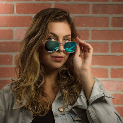 Malibu on model, clear acetate front with bamboo wood temples and polarized lenses, Cali Life Co Coastal collection