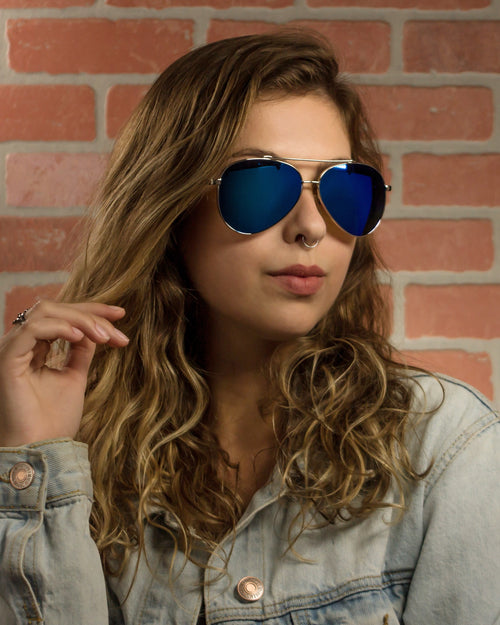 Pacific Beach Polarized Aviator Walnut Wood Sunglasses worn by a customer model